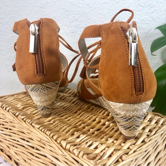 Bandolino Tan Suede Lace Up Wedge Sandal - Picture 2 of 16